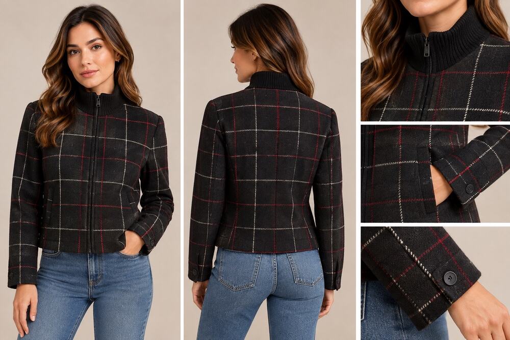 Vintage Talbots Womens 6 Black Red Plaid Zip Jacket Mock Neck Hong Kong